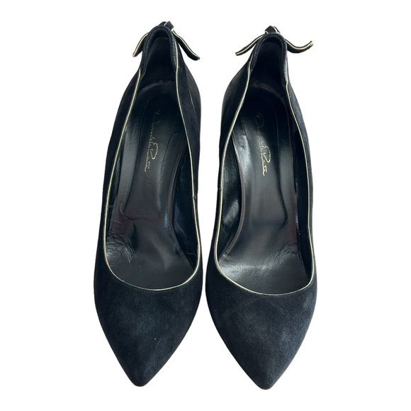 Oscar de la Renta Suede Leather Pumps Heels Bow Accent Black Size 41 EU/10 US - Picture 5 of 12